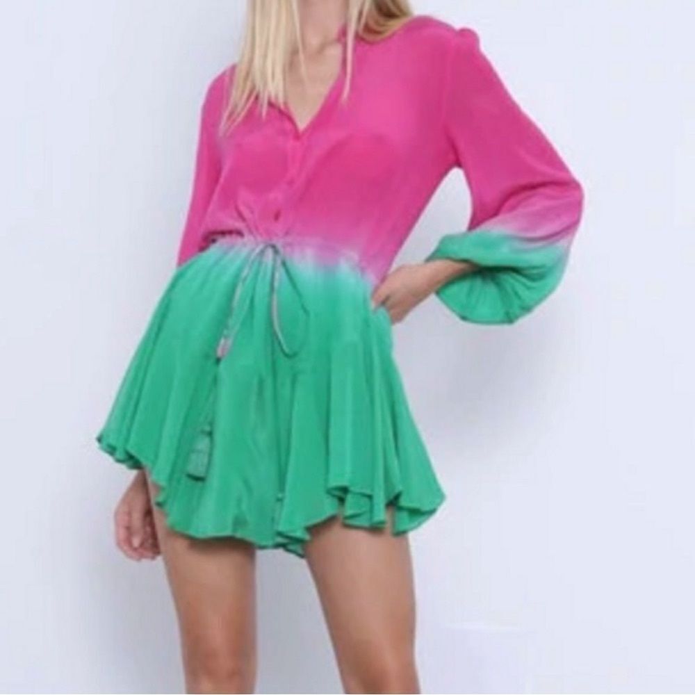 Pink and Green Ombre Dress KARINA GRIMALDI Tie at Waist Long Sleeve Size Medium